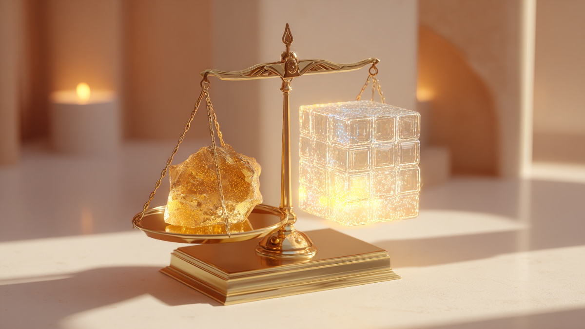 ترازو برنجی، طلای مذاب و مکعب دیجیتال درخشان را در اتاقی پاستلی متعادل نگه داشته است.