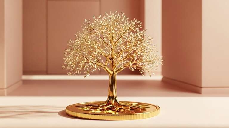 یک سکه طلا درختی طلایی میروید که نماد ثروت امن و در حال رشد است.