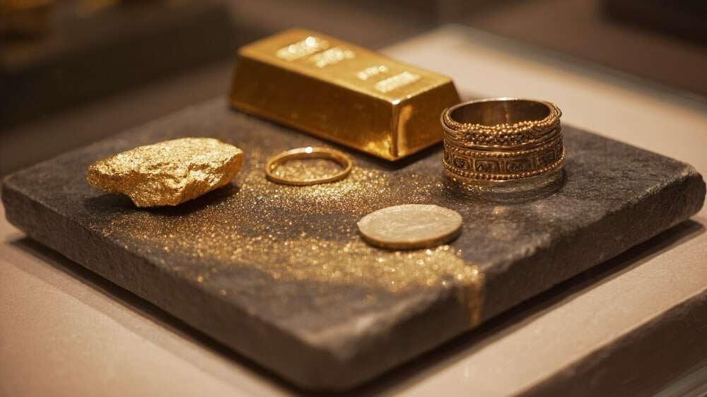 سکه و تیکه طلا بر روی سنگ محک