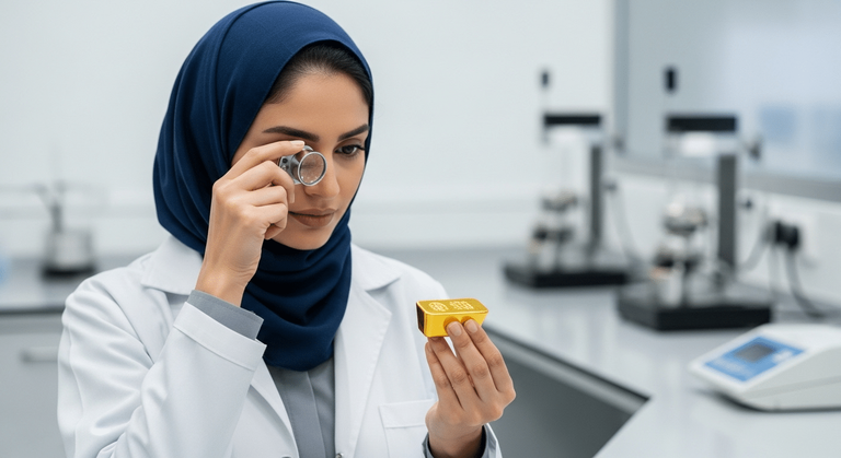 دانشمند در آزمایشگاه با لوپ، شمش طلا را بررسی می‌کند.