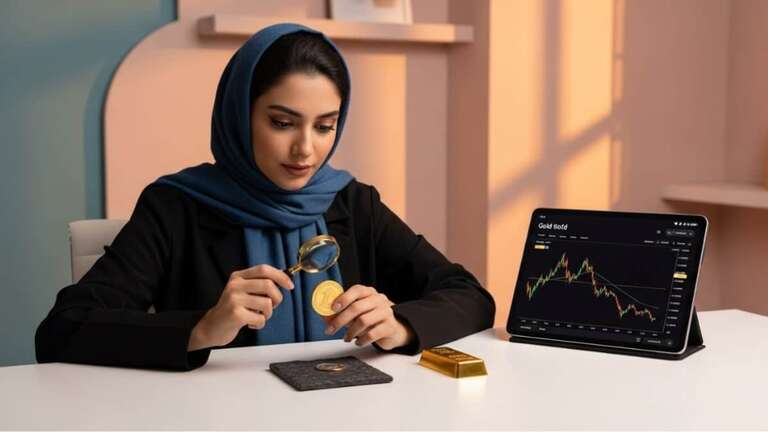 زنی در حال نگاه کردن به تیکه ای طلا با ذره بین