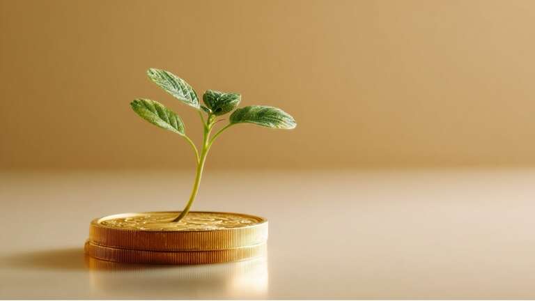 سکه طلا با نهال پسته — اتاقی پاستلی، نور گرم.