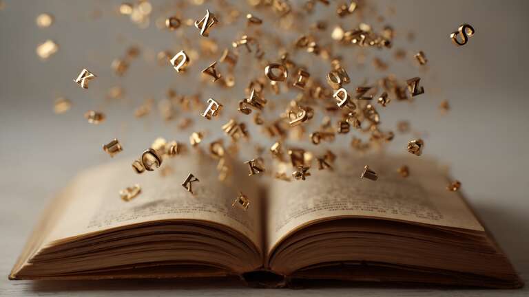 حروف طلایی که بالای یک کتاب فرسوده شناورند
