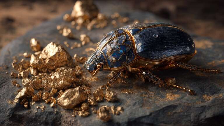 تکه‌های طلا و غبار در کنار یک سوسک مصری منبت‌کاری‌شده با لاجورد روی سنگ فرسوده، با نور پاستلی گرم.