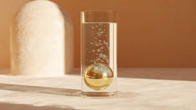 کرهای طلایی که در آب زلال فرو میرود و حبابهایی از آن به سمت بالا میروند.