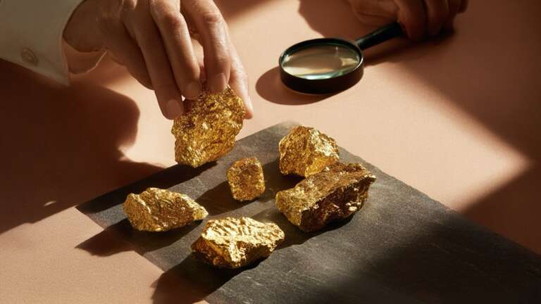 فردی که دارد طلا های ابشده بر روی میز را با دست بر می‌دارد