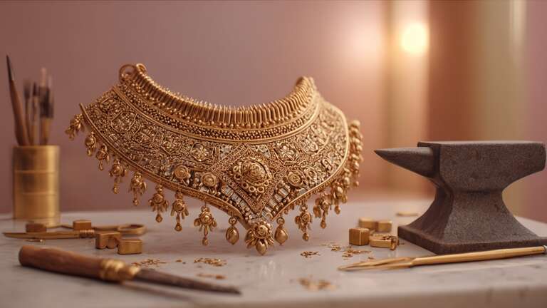 گردنبند طلای ظریف با ابزارها در نور گرم و پاستلی