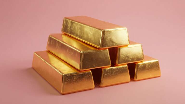 انباشته‌ای از شمش‌های طلای براق در اتاقی با نور ملایم پاستلی