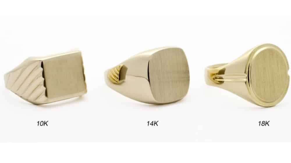 سه انگشتر طلای مردانه با عیارهای ۱۰، ۱۴ و ۱۸ با رنگهای متفاوت