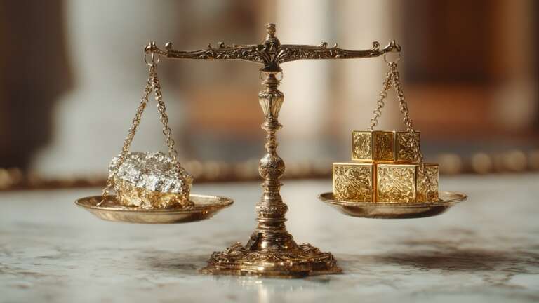 ترازو برنجی با قطعه طلای طبیعی و مکعب‌های طلا، نور پاستلی