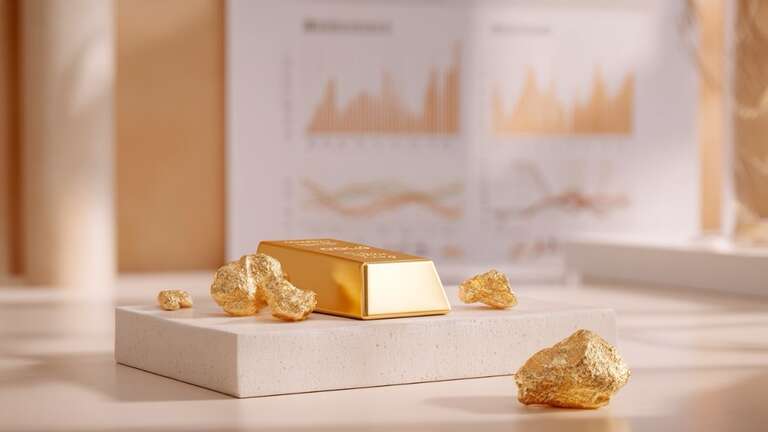 نمایش هنری شیک طلا ابشده نقدی در مقابل نمودارهای مالی در یک اتاق مدرن.