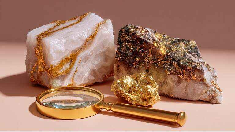 دو سنگ طلا در کنار ذره بین