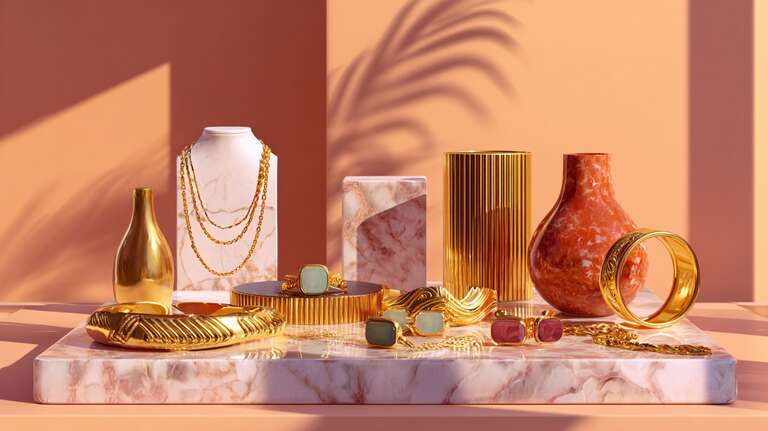 نمایی لوکس از مجموعهای از جواهرات طلایی شامل دستبند، گردنبند و انگشتر با سنگهای رنگی روی سطحی از مرمر در پسزمینهای نارنجی