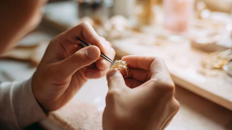 نمای نزدیک از دستانی که با دقت در حال کار روی یک حلقه طلای تزئین‌شده با سنگ‌های قیمتی هستند، در محیطی گرم و کارگاهی