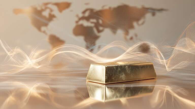 شمش طلای درخشان روی سطح براق با پسزمینه نقشه جهان و خطوط نوری انتزاعی که نمادی از بازار جهانی طلا است.