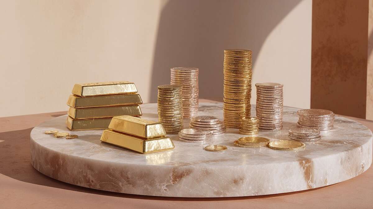 چند شمش طلا و سکه‌های طلایی و نقره‌ای که به‌صورت منظم روی سطحی سنگی و روشن چیده شده‌اند، در نوری گرم و طبیعی