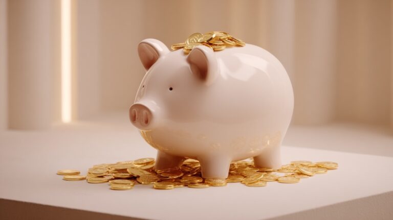 قلک سرامیکی صورتیرنگ پر از سکههای طلایی روی میز روشن، نمادی از پسانداز، سرمایهگذاری و مدیریت مالی هوشمند