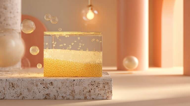 ظرف شفاف پر از مایع طلایی و حباب‌های معلق، در محیطی گرم و مینیمالیستی با نور نرم و پس‌زمینه کرمی‌رنگ