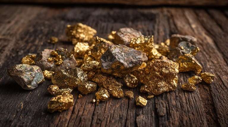 تکه‌های طلای خام و سنگ‌های معدنی درخشان روی سطح چوبی قدیمی