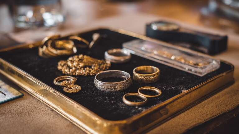 مجموعهای از جواهرات دست دوم و قدیمی شامل حلقهها، دستبندها و گردنبندها روی سینی مخملی مشکی در محیطی گرم و کلاسیک