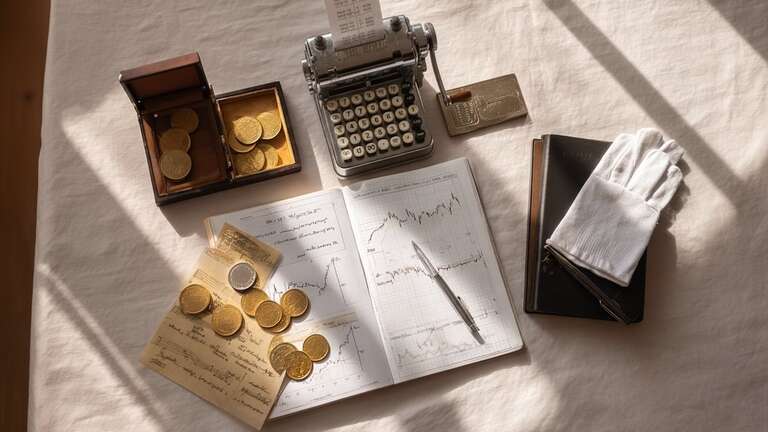 میزی با وسایل قدیمی شامل دفتر نمودارهای مالی، سکههای طلا، ماشینحساب مکانیکی، دفترچه یادداشت و دستکش سفید در نور طبیعی