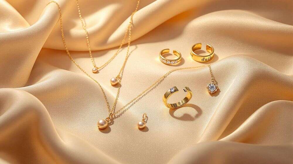 جواهرات طلایی زیبا روی پارچه ساتن