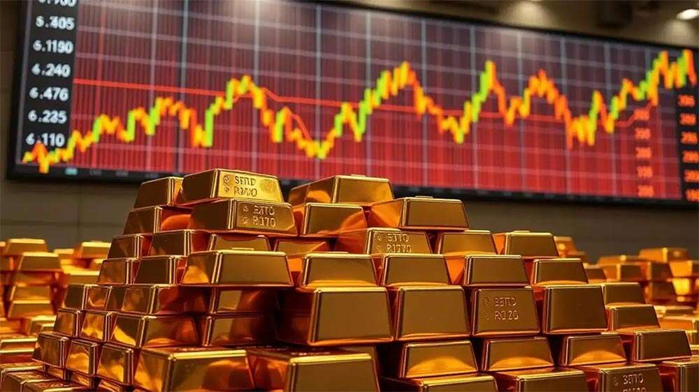 نمایی از شمش طلا در کنار نمودار قیمت
