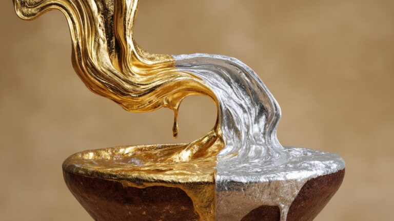 جریان فلز مذاب طلا و نقره که به‌صورت هم‌زمان و موج‌دار وارد یک کاسه سنگی می‌شود.