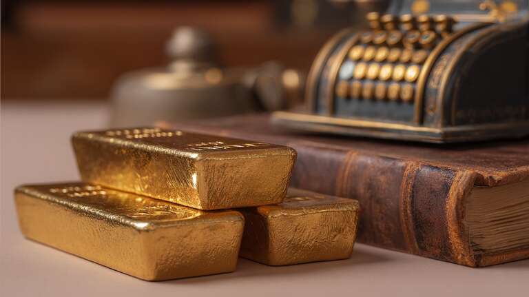 چند شمش طلا در کنار دفترهای مالیاتی و یک دستگاه ماشین حساب قدیمی