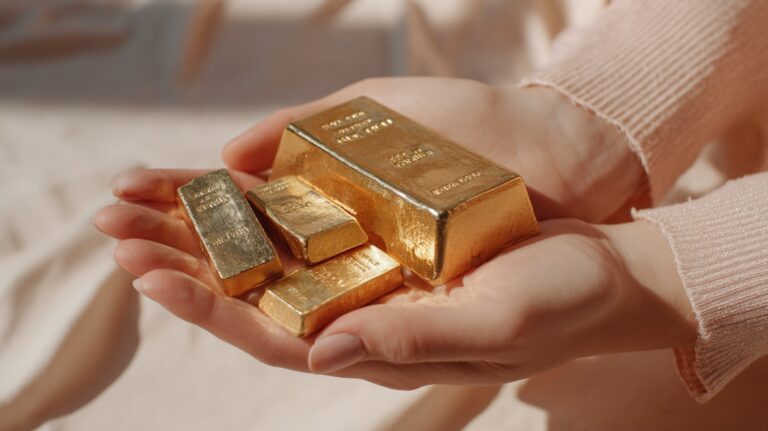 چند شمش طلای کوچک و بزرگ که در کف دستان فرد قرار گرفته‌اند