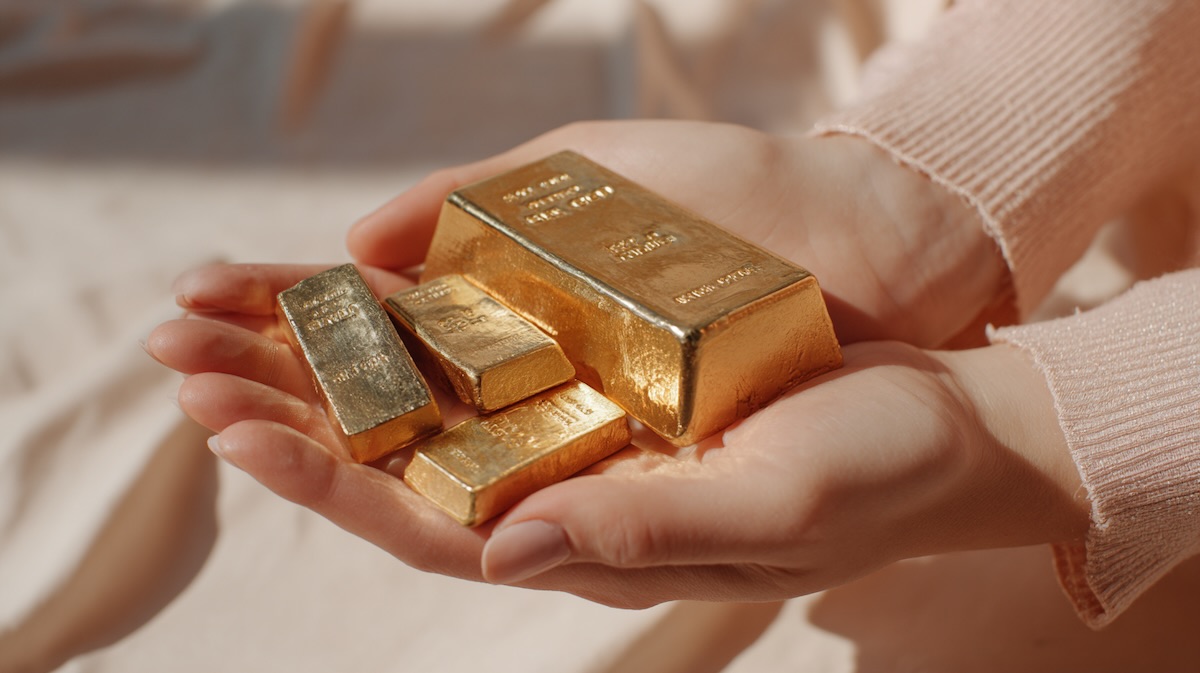 چند شمش طلای کوچک و بزرگ که در کف دستان فرد قرار گرفته‌اند