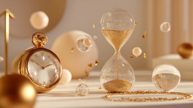 یک ساعت شنی طلایی پر از شن‌های درخشان در کنار یک ساعت جیبی طلایی روی میز، نمادی از ارزش زمان و ثروت