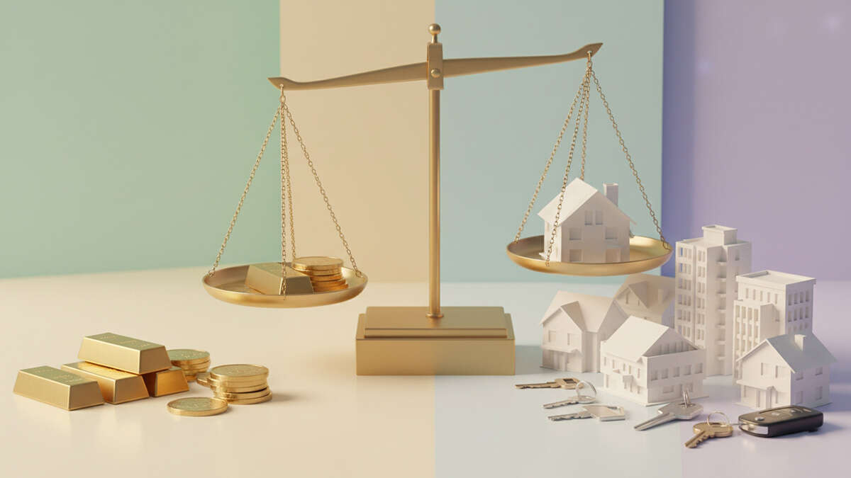 ترازویی که مقایسه سرمایه گذاری در مسکن یا طلا را نشان میدهد