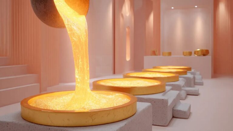 طلای مذاب از بوتهای مخصوص به درون قالبهای دایرهای شکل جاری میشود.