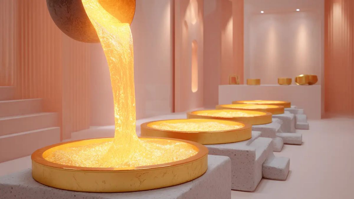 طلای مذاب از بوته‌ای مخصوص به درون قالب‌های دایره‌ای شکل جاری می‌شود.