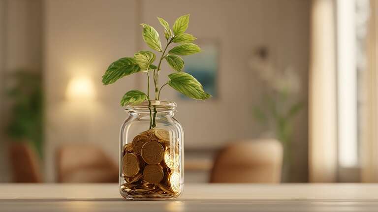 گیاه سبز در حال رشد داخل شیشه‌ای پر از سکه طلا، نماد رشد سرمایه، پس‌انداز هوشمند و ثروت پایدار