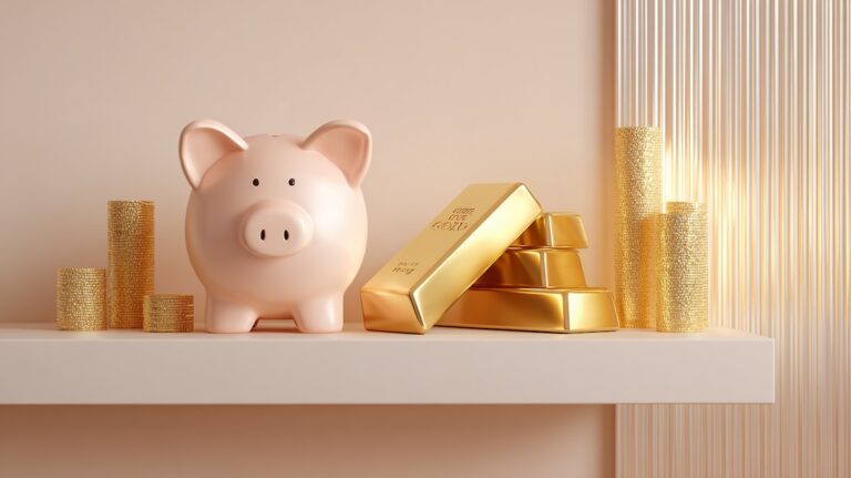 قلک صورتی در کنار شمش‌های طلا و سکه‌های طلایی که نماد پس‌انداز و سرمایه‌گذاری است.