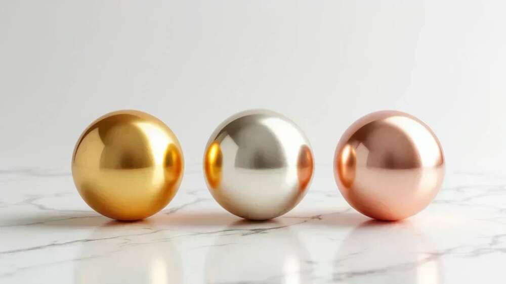 سه گوی طلای زرد، سفید و رز گلد روی یک سطح براق کنار هم
