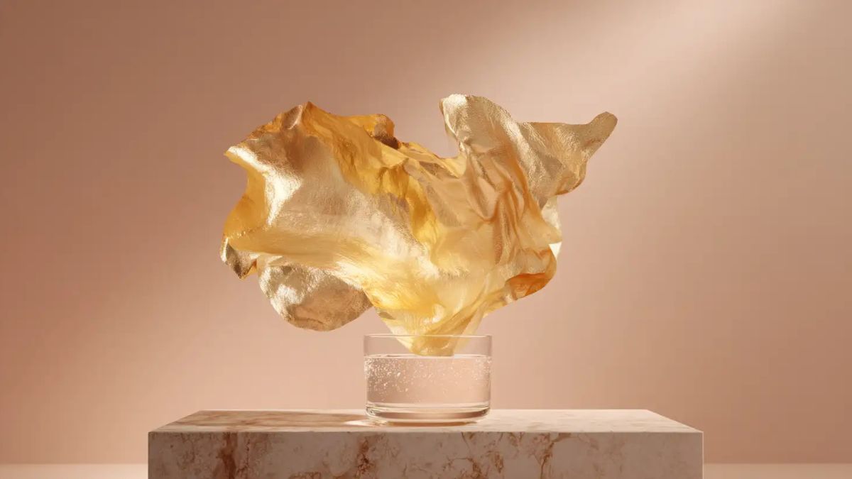 یک قطعه طلا بالای یک لیوان شناور است