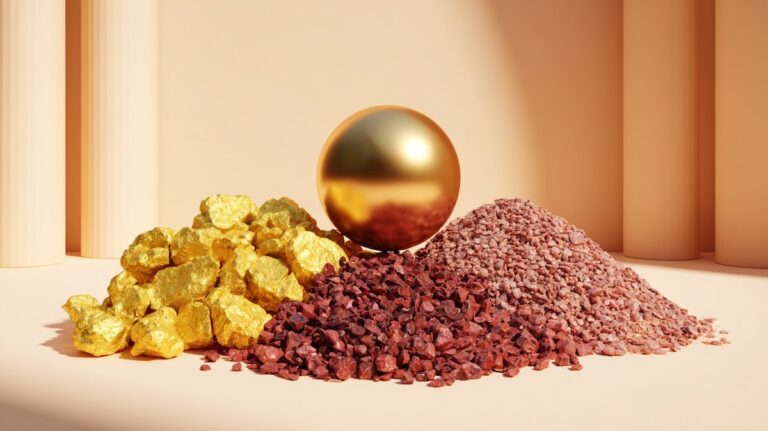 ترکیبی نمادین از توده‌های سنگ معدن، طلا و یک کره طلایی در مرکز