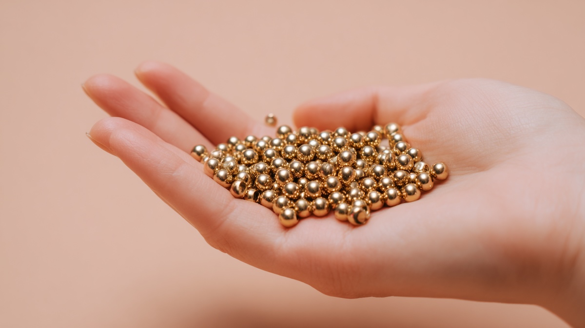 گوی های ریز طلا در کف دست که نماد سرمایهگذاری و پسانداز است