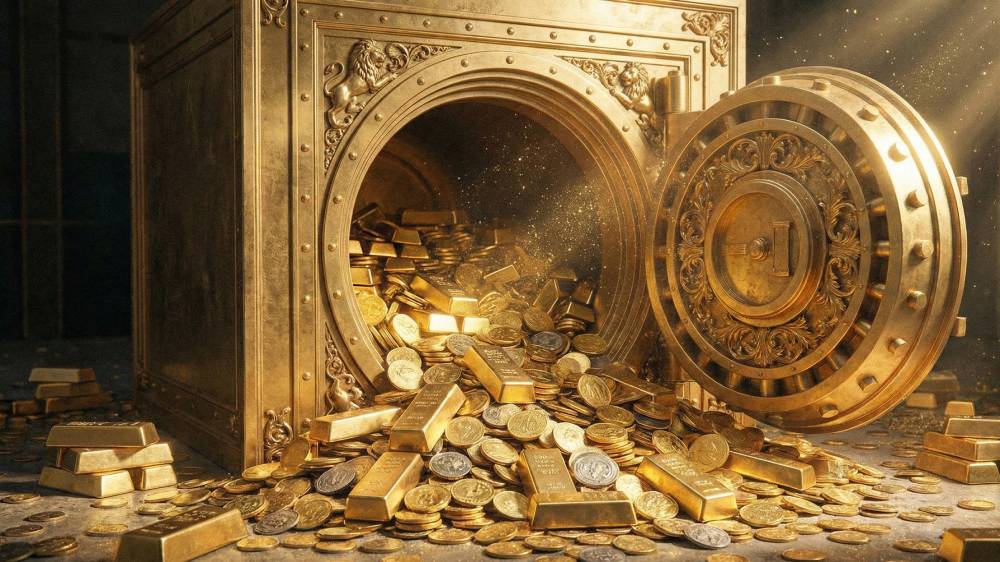 یک گاوصندوق طلا که مقدار بسیار زیادی شمش و سکه طلا از آن لبریز شده است