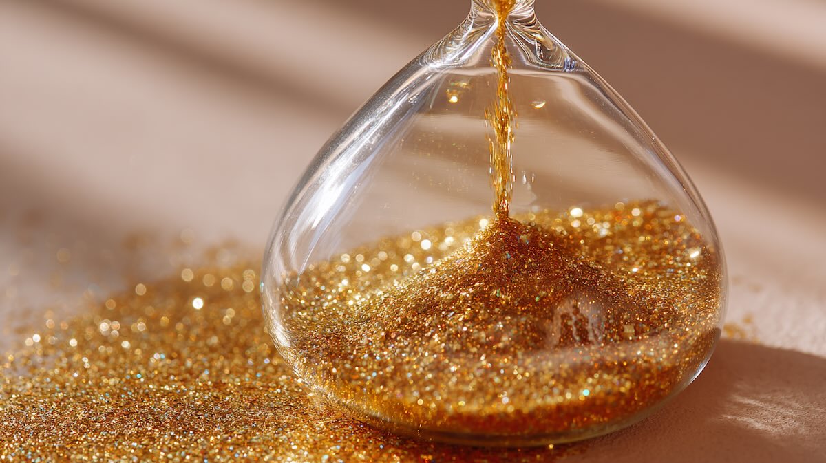 نمای نزدیک از ساعت شنی شیشهای با شنهای طلایی در حال ریزش