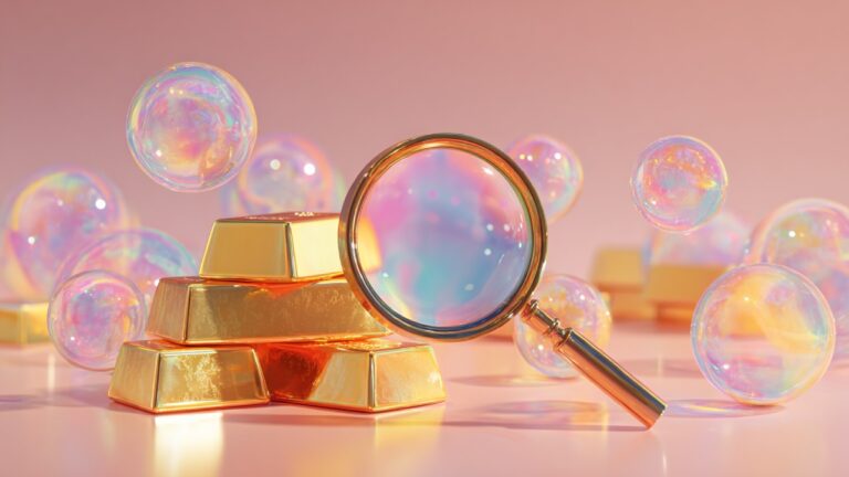 ذره‌بین بزرگ طلایی بر روی شمش‌های طلا در محیط صورتی با حباب‌های رنگین‌کمانی
