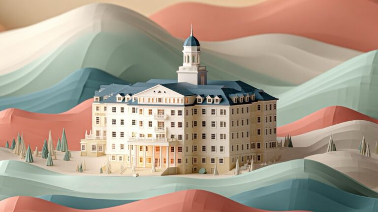 ماکت کاغذی از یک ساختمان کلاسیک بزرگ در میان تپه‌های رنگی، نماد کنفرانس برتون وودز