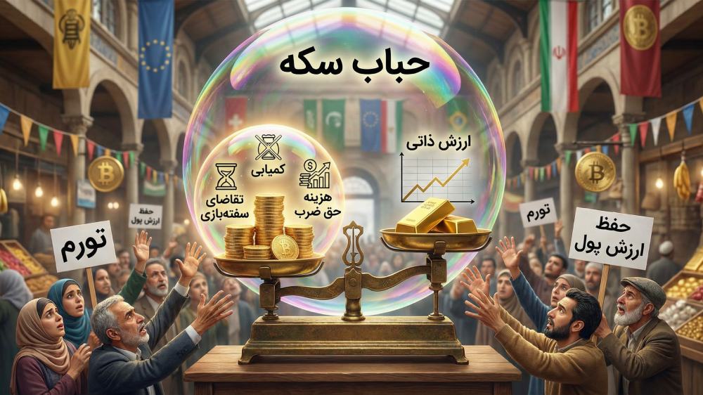 مردم در بازار در حال نگاه کردن به حباب سکه که روز به روز بزرگتر می‌شود