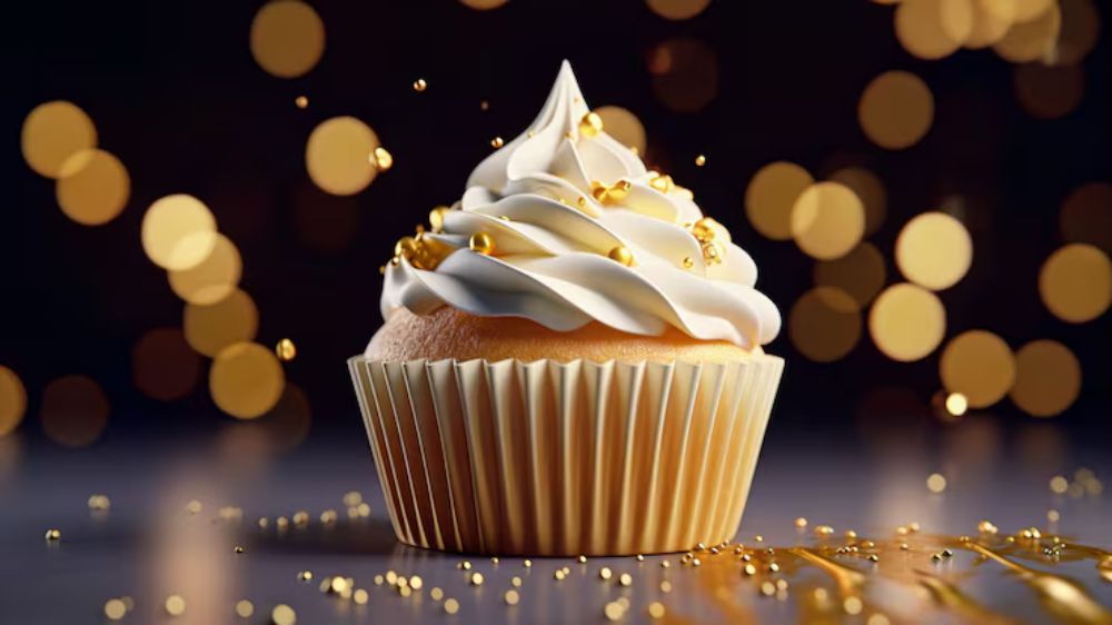 کیک کوچک که روی آن خامه است و با طلای خوراکی تزئین شده است