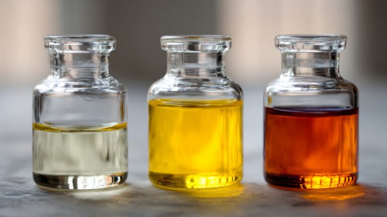 سه شیشه حاوی تیزاب سلطانی در رنگ‌های مختلف