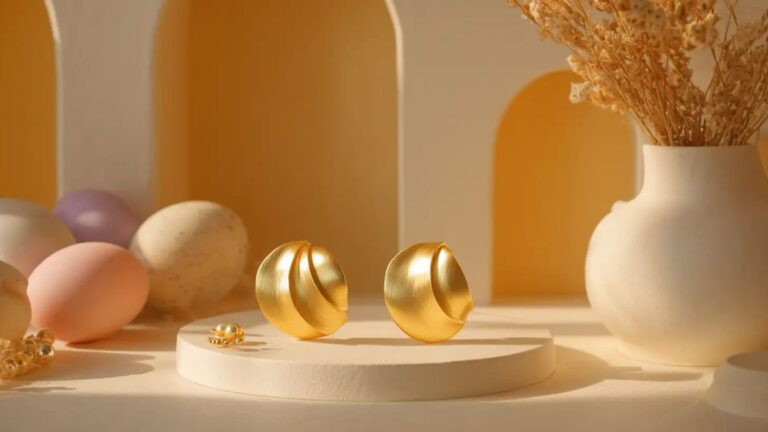 دو گوی طلایی کوچک روی میز سفید نزدیک یک گلدان سفید