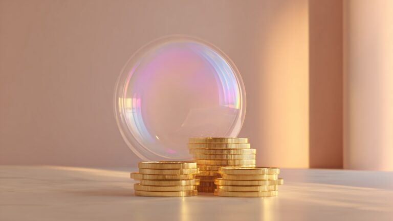 تعدادی سکه طلا روی هم که یک حباب بزرگ هم رویشان قرار گرفته